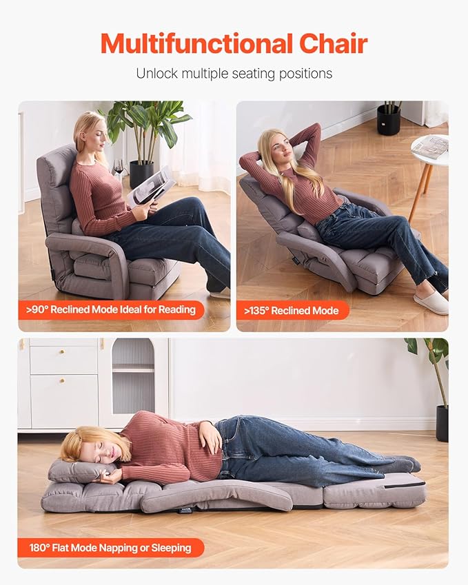 VEVOR Floor Chair, Floor Gaming Chair with 5 Adjustable Position and Back Support, Folding Sofa Chair with Armrest for Adults, Sofa Lounger Bed with Back Cushion for Living Room and Bedroom, Gray