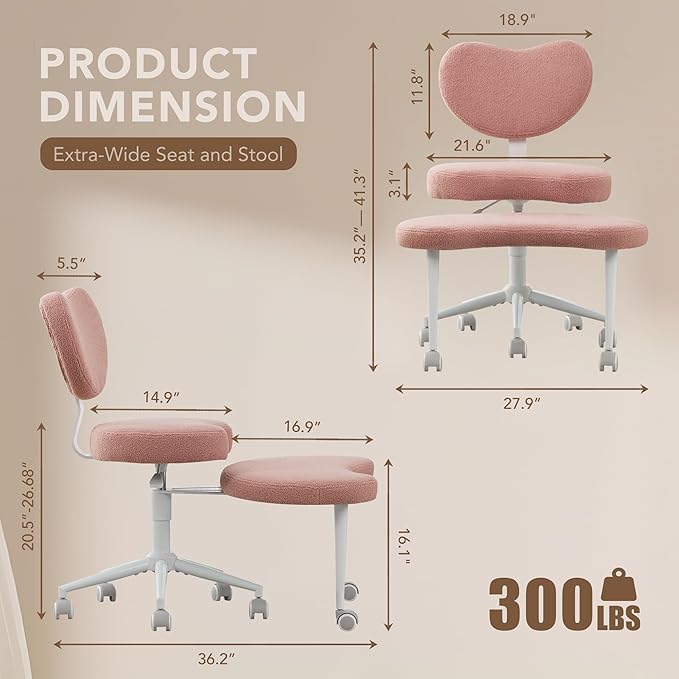 Cross Legged Chair with Wheels, ADHD Chair, Criss Cross Desk Chair with Lumbar Support and Adjustable Stool, Flexible Design for Fidgety Sitters (Pink)