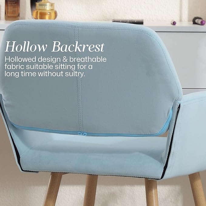 Home Office Velvet Desk Chair, Makeup Vanity Chair, Comfy Accent Armchair with Wood Grain Metal Legs, Cute Dining with Hollowed Back, Light Blue