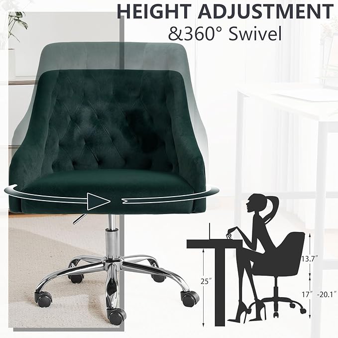 MOJAY Velvet Office Swivel Chair, Vanity Fabric Desk Pretty Fancy Gold Office Chairs for Girls, 360°Swivel Height Adjustable Reception Chair (DarkGreen)
