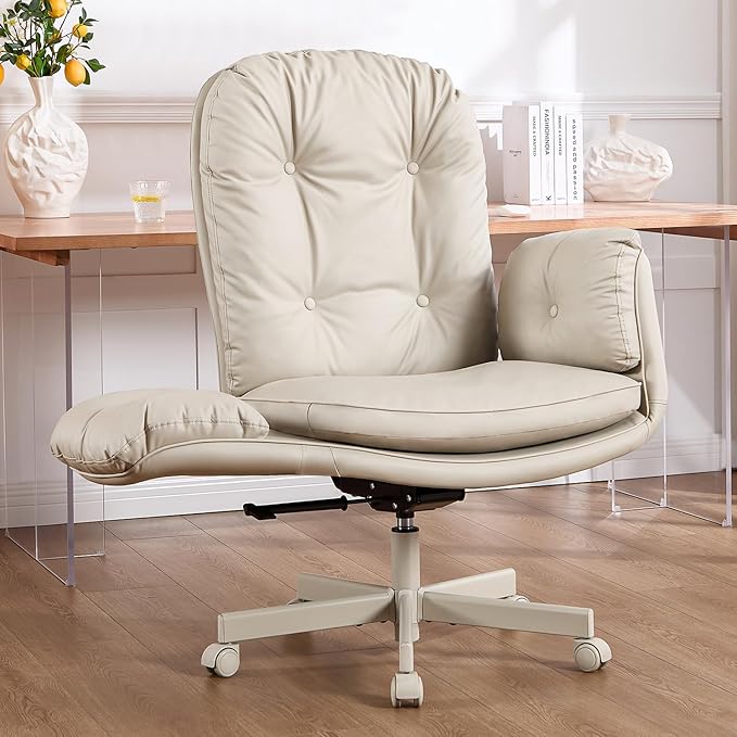 Criss Cross Chair with Armrests & Wheels for Cross-Legged Sitting, Comfortable Adjustable Swivel Office Desk Chair –PU Leather Vanity Chair for Home, Makeup and Bedroom (Cream)