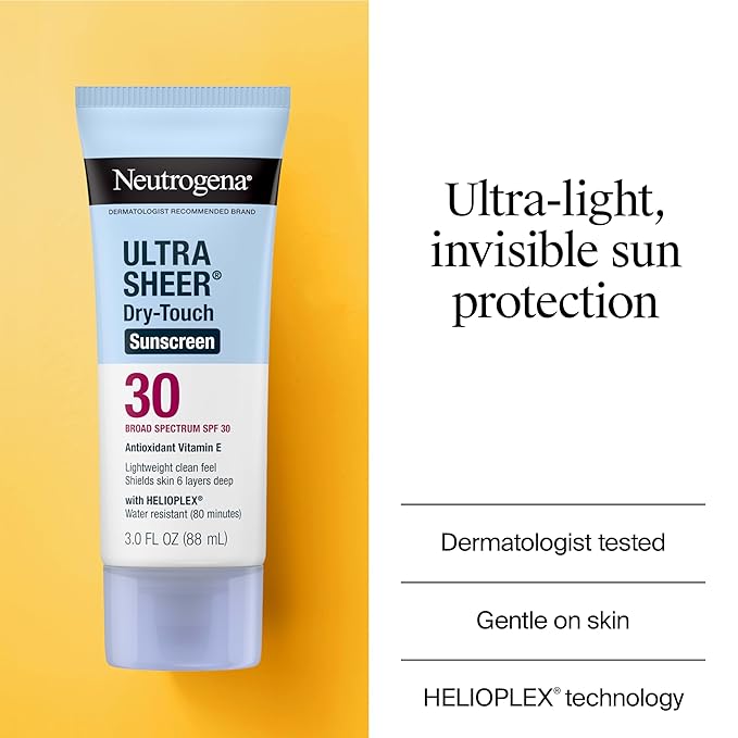 Neutrogena Ultra Sheer Dry-Touch Sunscreen For Face & Body, SPF 30 Broad Spectrum UVA/UVB Protection, Lightweight Water Resistant & Non-Greasy, Travel Size Sunscreen, 3 fl. oz