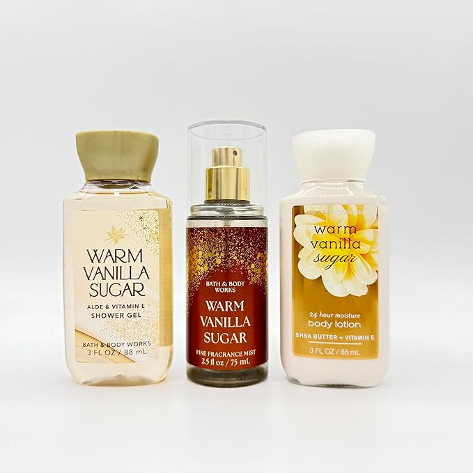 Bath & Body Works Warm Vanilla Sugar Travel Size 3-Piece Set | Includes: 3oz Shower Gel, 2.5oz Fine Fragrance Mist and 3oz Body Lotion