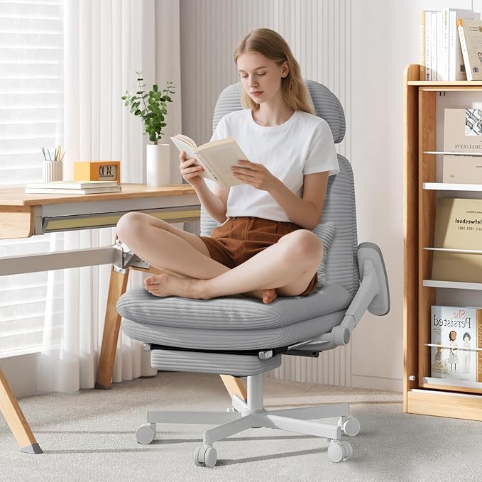 Criss Cross Chair with Wheels & Flip-up Arms, Executive Office Chair with Foot Rest, Swivel Cross Legged Office Chair with Lumbar Pillow, Corduroy Comfy Computer Desk Chair for Home, Grey