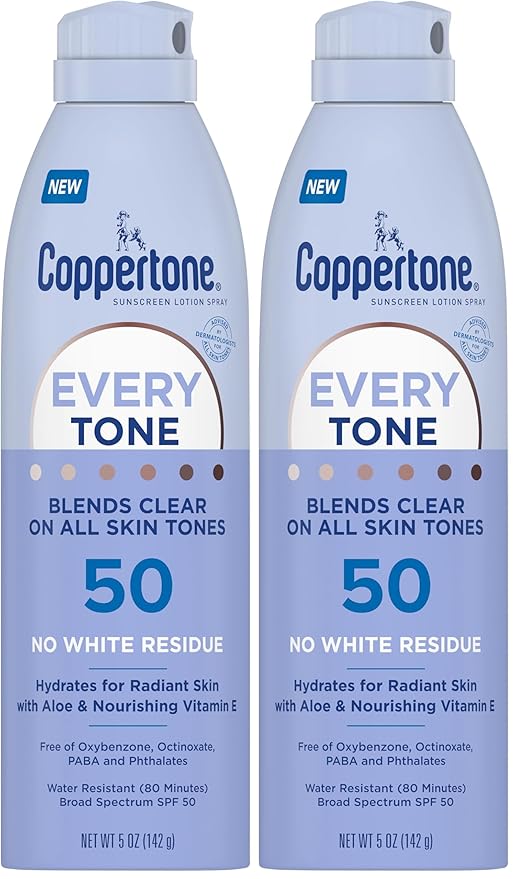 Coppertone Every Tone Sunscreen Spray SPF 50, Lightweight, Rubs on Clear Sunscreen for All Skin Tones, Formulated with Nourishing Vitamin E, 5 Oz Bottle (Pack of 2)