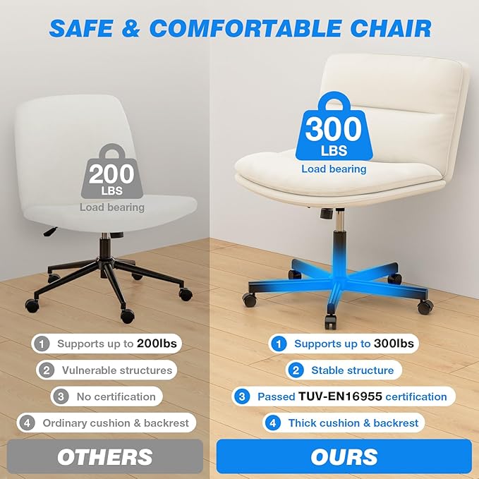 Rfiver Ergonomic Armless Criss Cross Chair with Height Adjustable and Swivel, Wide & Thickened Cushion Cross Legged Vanity Chair, Comfortable PU Leather Desk Chair for Computer Task and Make Up, White