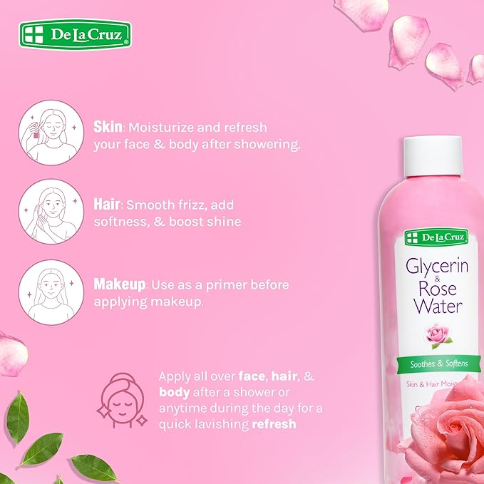 De La Cruz Rose Water and Glycerin for Face - Rosewater Facial Toner and Moisturizer for Skin and Hair 8 fl oz (236 mL) - 6 Bottles