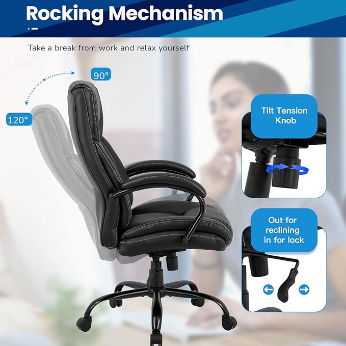 BestMassage Big and Tall Office Chair 500lbs Cheap Desk High Back PU Executive Ergonomic Computer Chair with Lumbar Support Headrest Swivel for Women Men Adults,Black