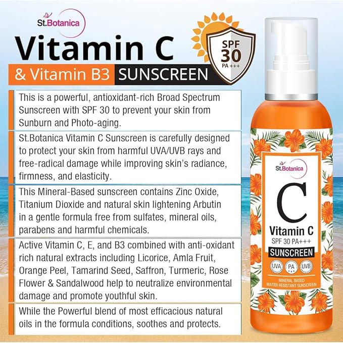 StBotanica Vitamin C SPF 30 PA+++ Sunscreen Mineral Based & Water Resistant,120ml - UVA & UVB Protection