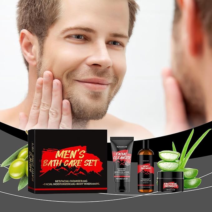 Bath and Skin Care Gift Set for Men, 3 Pieces Nourishing Facial and Body Care Kit Includes Face Wash, Shower Gel, Moisturizer, Valentines Fathers Day Birthday Gifts for Husband Dad Boyfriend Him