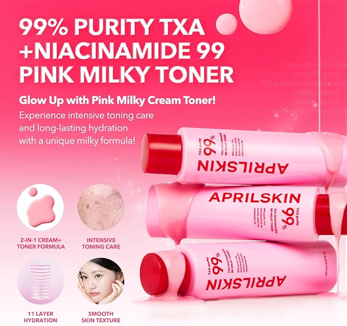 APRILSKIN TXA Affordable Daily Skincare set: TXA Niacinamide 99 Pore Care Pink Bubble Gum Deep Cleanser and TXA Niacinamide 99 Pink Milky Toner