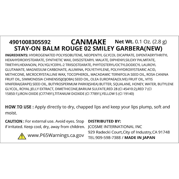 CANMAKE - Stay-On Balm Rouge - Tinted Lip Moisturizing Long-Lasting Protection - 0.1oz (2.8g) (02 Smiley Garbera)