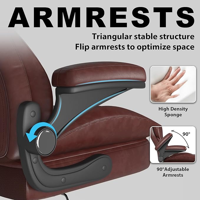 Hovos Office Chair, Ergonomic Big and Tall Desk Leather Chair with Padded Flip-up Arms, Adjustable Tilt Lock, Heavy Duty Swivel Rolling Computer Chair for Home Office, Brown