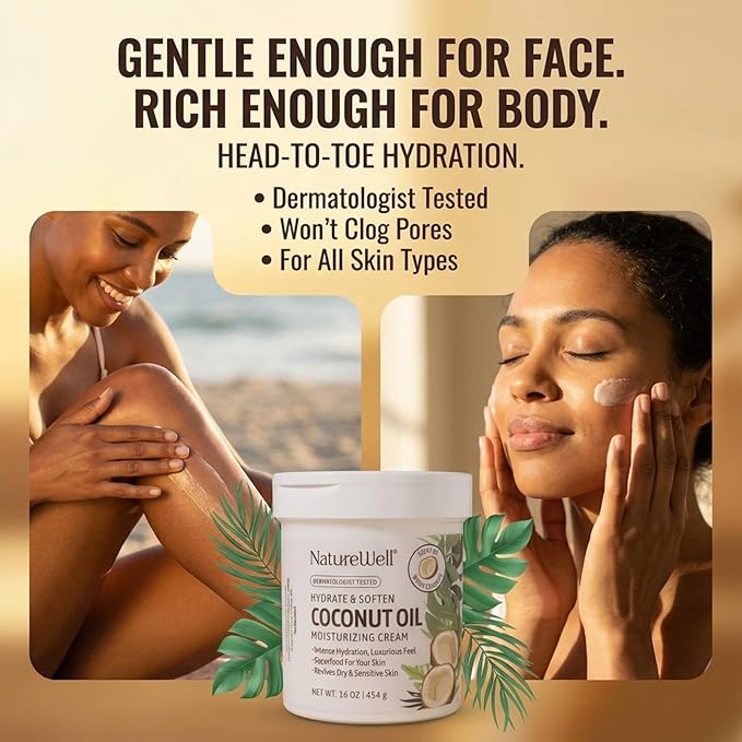 NATURE WELL Coconut Oil Moisturizing Cream for Dry Skin – Deep Hydration Lotion for Face, Body & Hands, Spa Quality Skincare, Softens & Smooths, Non-Greasy, Fast Absorbing, Vitamins A C E, 16 Oz