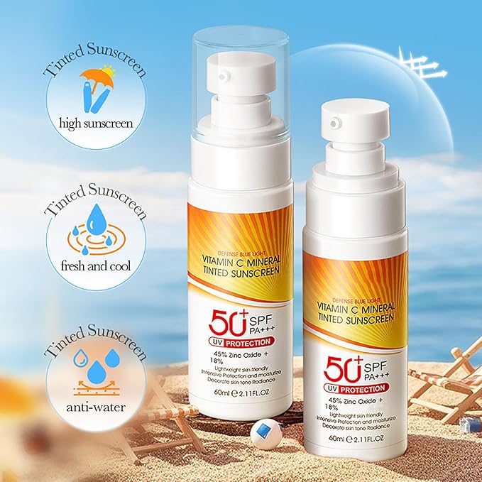 Vitamin C Mineral Sunscreen SPF 50, Tinted Sunscreen for Face, Moisturizing Facial Sunscreen with Zinc Oxide, Broad Spectrum UVA/UVB Protection, Non-Greasy, Travel Size (1PC)