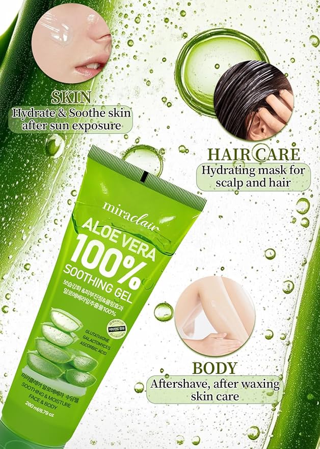 MIRACLAlR Aloe Vera Gel (4PCS) | 100% Pure Aloe Gel for Face, Body & Sunburn Relief - Durable Moisturizing Hydrating Soothing, Squeeze-on Mask, Made in Korea, Travel Size. (4, 8.79 fl.oz)