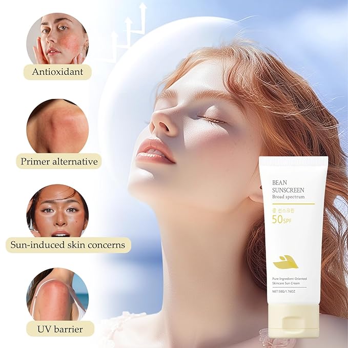 Bean Sunscreen, Sunscreen Lotion, Sun Screen Protector, SPF 50+ Under Makeup Cream for Face and Body, Airy Texture Type, Water Proof Sweat Resistant,2PCS