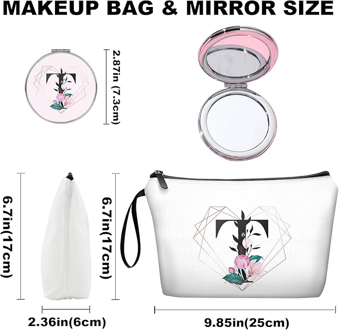 Personalized Initial T floral Makeup Bag set with Mirror for Women,White Ietter T Bride Bridesmaid travel Cosmetic bag kit with10 pieces pink brush set,Initial T Gifts for Girls Mom femal Friends