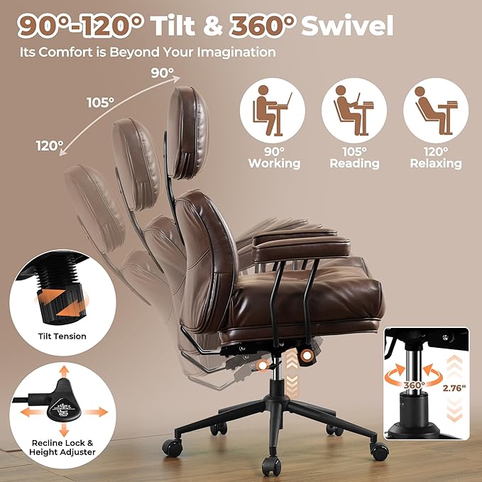 ovios Ergonomic Office Chair, High Back Faux Leather Executive Chairs with Thick Cushion, Comfy Mid-Century Modern Swivel Rolling Computer Armchair (Dark Brown, PU Leather)