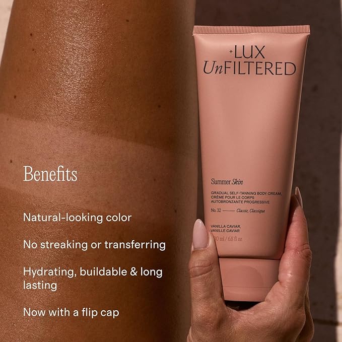 + Lux Unfiltered N°32 Summer Skin Classic Gradual Self Tanner, Hydrating Self Tanning Lotion with Shea Butter & Squalane - Non-Sticky, No Transfer, Natural-Looking - Vegan Sunless Tanner - Rosewood
