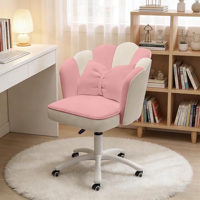 Home Office Desk Chair Swivel Rolling Vanity Chair with Silent Wheels and Comfortable Back, Adjustable Height Upholstered Computer Task Chair for Makeup, Bedroom