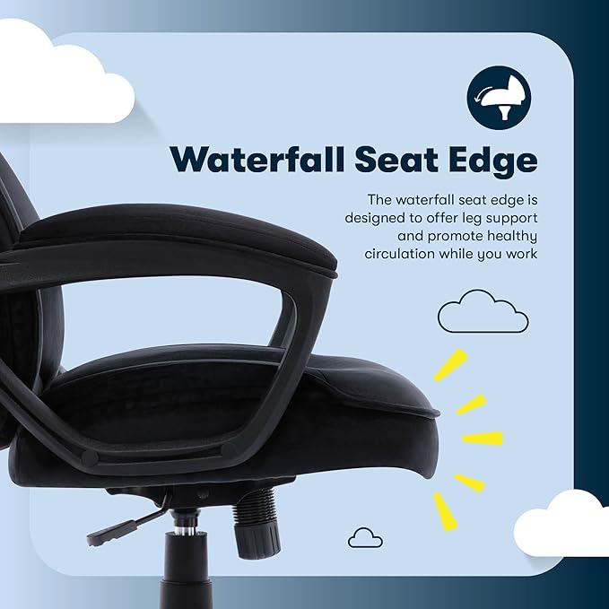 Serta Comfort Classic Executive Office Chair, Ergonomic Mid-Back Computer DeskChair with Lumbar Support, Semi-Plush Cushion and Body Pillows, Padded Armrests, Swivel Base, Black Velvet Fabric