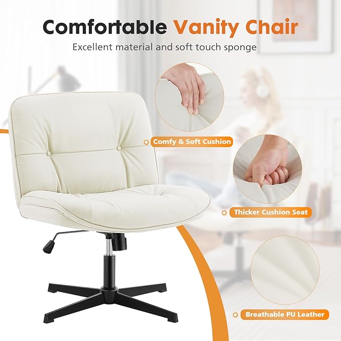 Sweetcrispy Criss Cross Chair, Wide Seat PU Leather Armless Office Desk Vanity Chair, Comfortable Adjustable Swivel Computer Task Chairs for Bedroom, Small Space Make Up, Light Beige