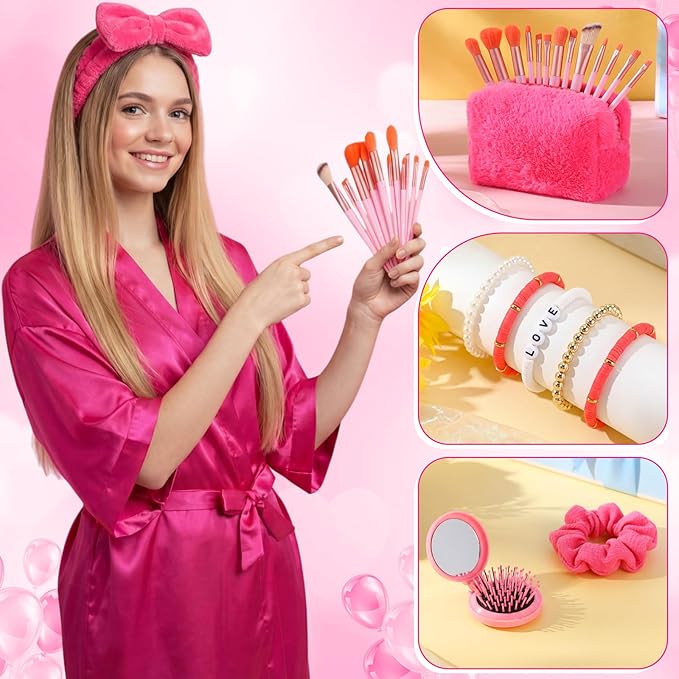 15 Pcs Birthday Gifts for Women Robe Sets for Women Spa Basket Set Graduation Gifts Bath Robe Make up Brushes Scented Candle Fluffy Socks Coffee Cup for Mom Nurse Girlfriend Wife(Rose Red)