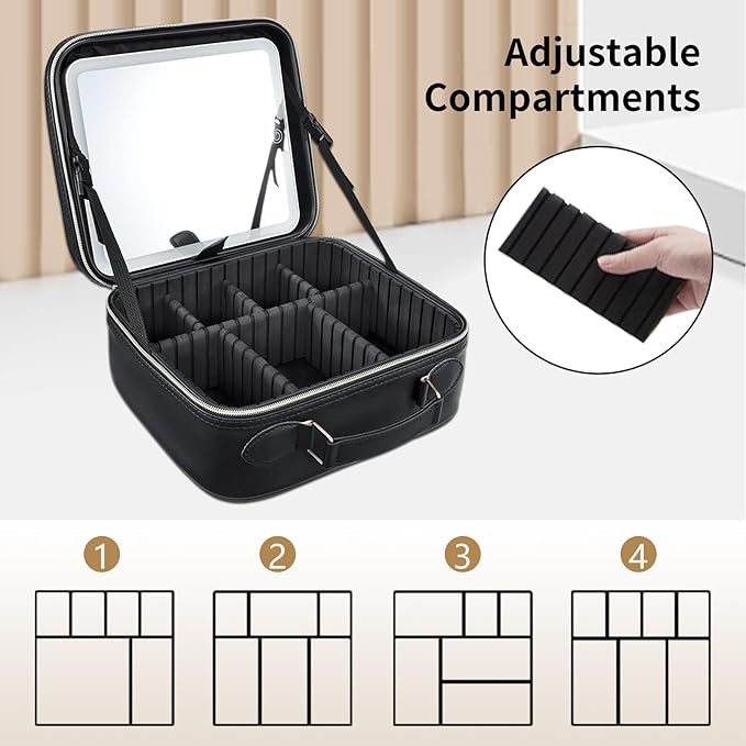 Travel Makeup Bag with LED Mirror 3 Color Modes,10.2-in Black Vegan Leather Makeup Organizer Bag with Adjustable EVA Dividers and Independent Brush Panel