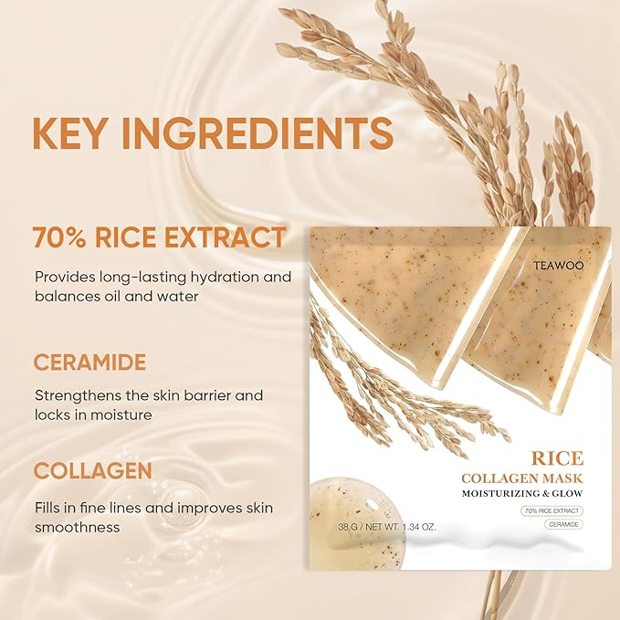 Rice Deep Collagen Face Mask, 38g x 8 EA, Moisturizing and Hydrating Overnight Facial Mask, Contains Ceramide & Collagen for Glass Glow Skin, Korean Skincare