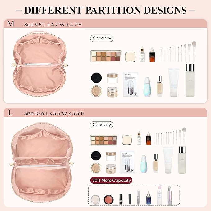 Travel Makeup Bag, Large Capacity Cosmetic Bags for Women, Waterproof Portable Pouch Open Flat Make up Organizer Bag with Dividers and Handle, Toiletry Bag for Essentials