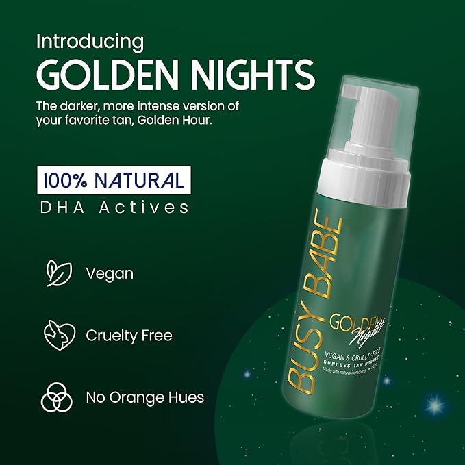 Self Tanner - Golden Nights Express Rapid Dark Tanning Mousse - Deeper Sun-Kissed Glow with Mitt - Vegan, Cruelty-Free, Instant Tan, Self Tanning Mousse Pump - 7.2 oz, No Orange Hues