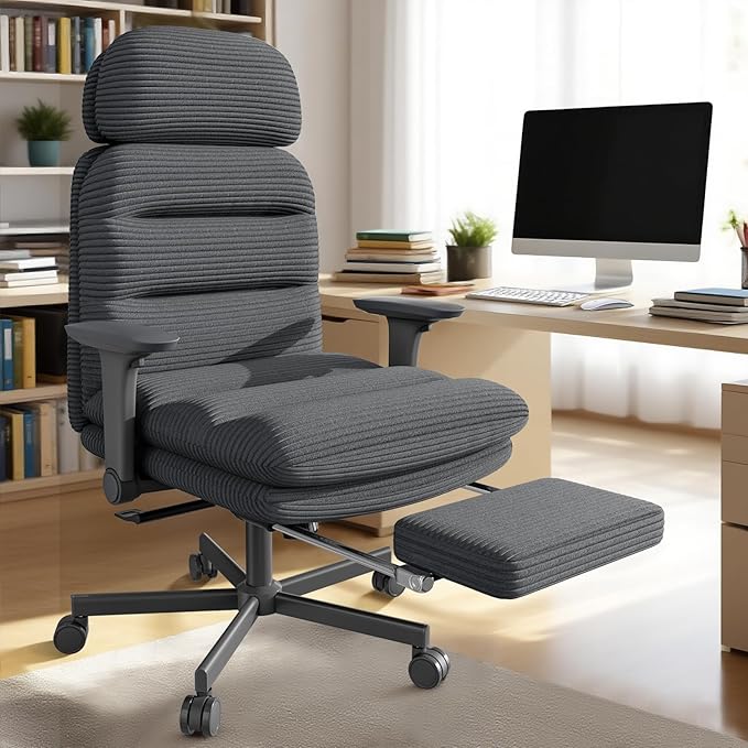 Criss Cross Chair with Flip-up Arms, Executive Office Chair with Foot Rest, Swivel Cross Legged Office Chair with Lumbar Pillow&Headrest, Corduroy Comfy Computer Desk Chair for Home, Black