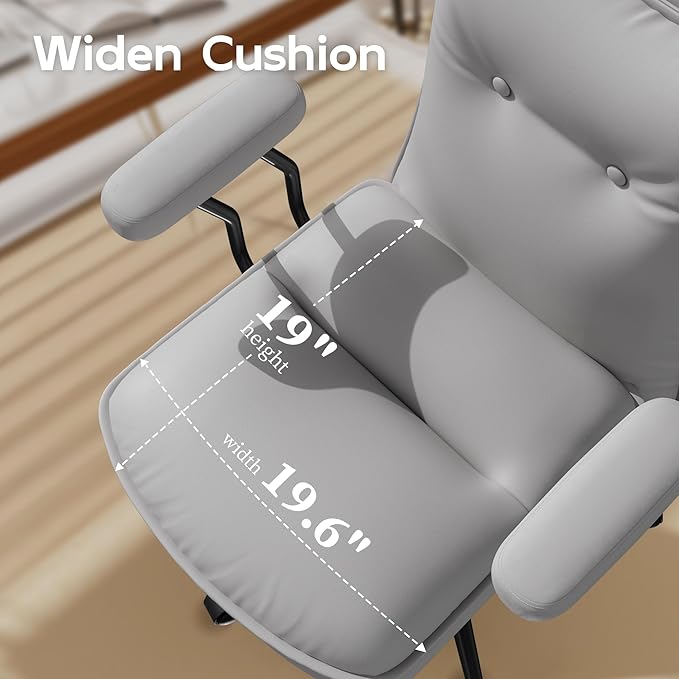Grey Office Chair with Triple-Layers Thicken Wide Seat, Mid Back Leather Desk Chair with Wheels and Arms, Mid-Century Modern Computer Chair for Home Office