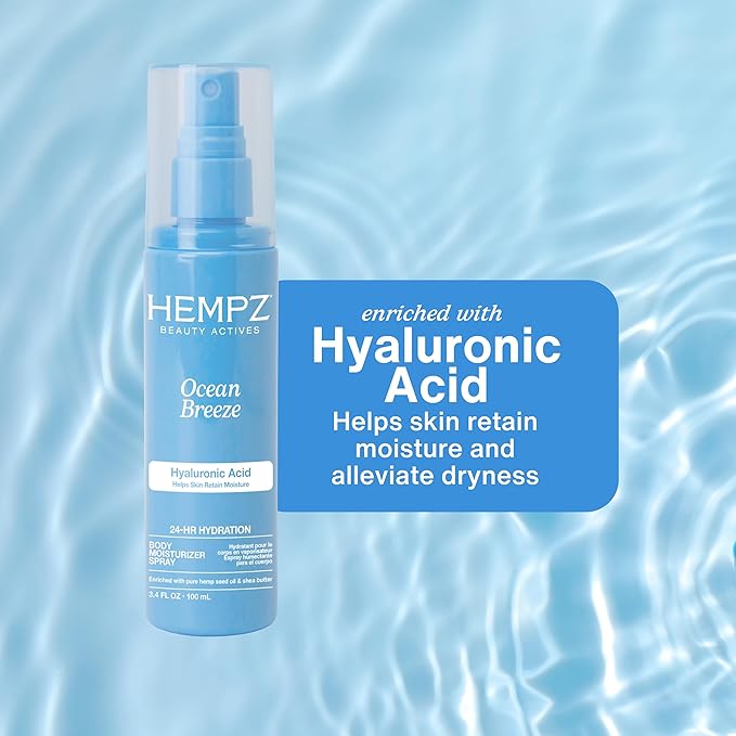 Hempz Ocean Breeze Body Moisturizer Spray, Hydrating Lightweight Mist with Hyaluronic Acid, Travel Friendly, 3.4 fl.oz.