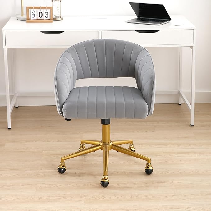 Westice Gray Home Office Desk Chairs, Modern Velvet Rolling Chair, Height Adjustable Swivel Vanity Chair with Golden Base, Ergonomic Chair for Study, Living Room Computer Room