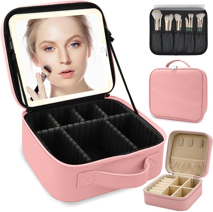 Makeup Bag with Mirror,with Mirror 3 Color Setting and Jewelry Box Large Vanity Makeup Cases,Portable Storage and Adjustable Dividers, for Women and Makeup Artists-Pink