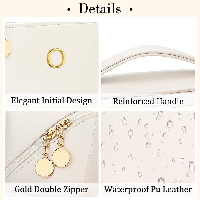 Birthday Gifts for Women Teen Girl, Personalized Initial Makeup Organizer Bag Set, Open Flat Travel Cosmetic Bag With Clear Divider and Handle(Beige,O)