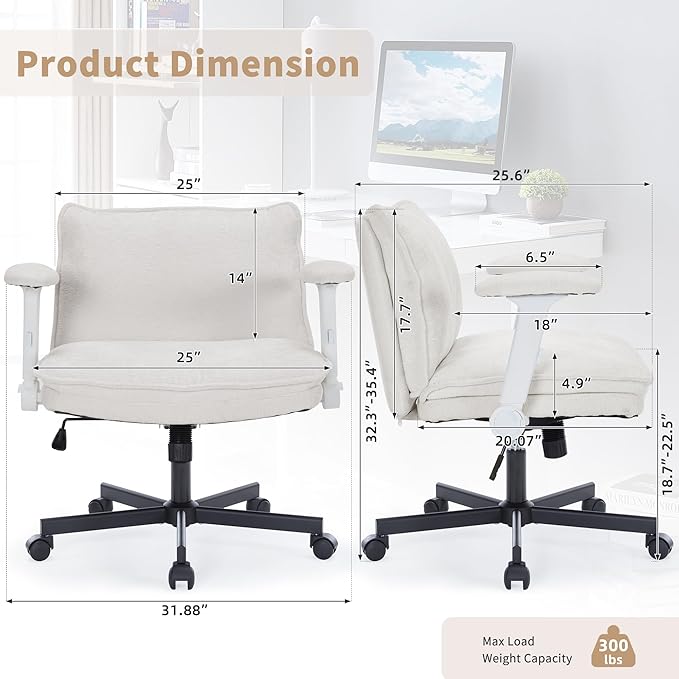 Cross Legged Office Chair, Height Adjustable Swivel Desk Chair with Flip-Up Arms, Padded Criss Cross Chair for Home Office & Bedroom