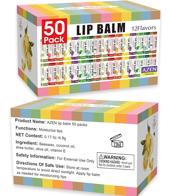 AZEN 50 Pack Lip Balm, Natural Lip Balm Bulk, Lip Care Product, Moisturizing Lip Balms for dry cracked lips, Valentines Gifts Easter Basket Stuffers - 12 Flavors