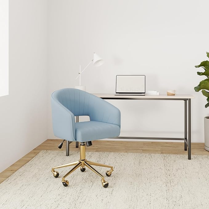 Home Office Chair Swivel Velvet Desk Chair Accent Armchair Upholstered Modern Tufted Chairs with Gold Base for Girls Women Ergonomic Study Seat Computer Task Stools for Living Room(Blue)