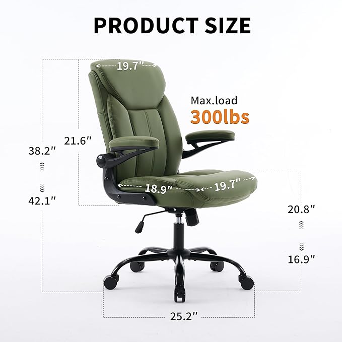 Home Office Ergonomic Desk Chair - Comfy Leather Executive Chair with Flip-Up Armrests, Lumbar Support, 360° Swivel & Rocking (Green)