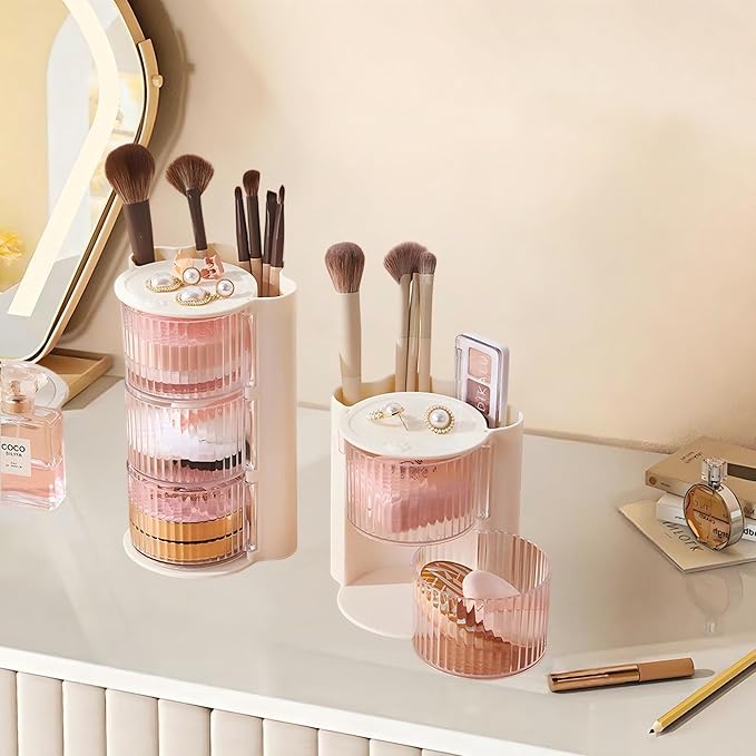 Hair Accessories Organizer with Hair Brush Holder, Rotatable Makeup Brush Holder for Necklaces, Earring, Bracelet, Ring, Makeup Brushes, Hair Clip and Hair Accessories (2 Layer Beige)