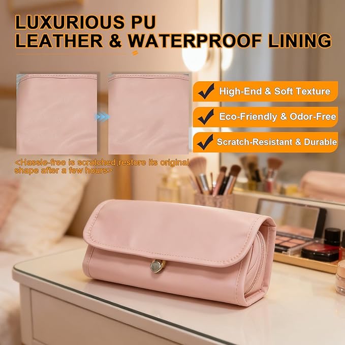 Portable Folding Makeup Brush Bag,Travel Toiletry Bag with Dividers & Independent Partition for Brushes & Skincare, Toothbrush Holder,Rolling & Open Flat cosmetic Organizer,Waterproof &Hanging (Pink)