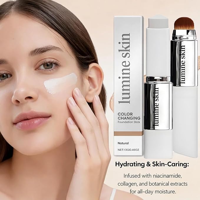 Color Changing Foundation Stick, Dual-Ended Korean Skin Care Foundation Stick, Detachable Brush, Full to Medium Coverage Base Hydrating Makeup Portable & Travel-Friendly (Natural)