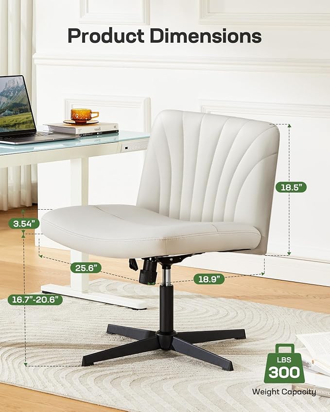 Marsail Cross Legged Office Chair: PU Leather Criss Cross Desk Chair Wide Armless Desk Chair Swivel Height Adjustable Vanity Chair for Make Up,Small Space,Bed Room(Beige)