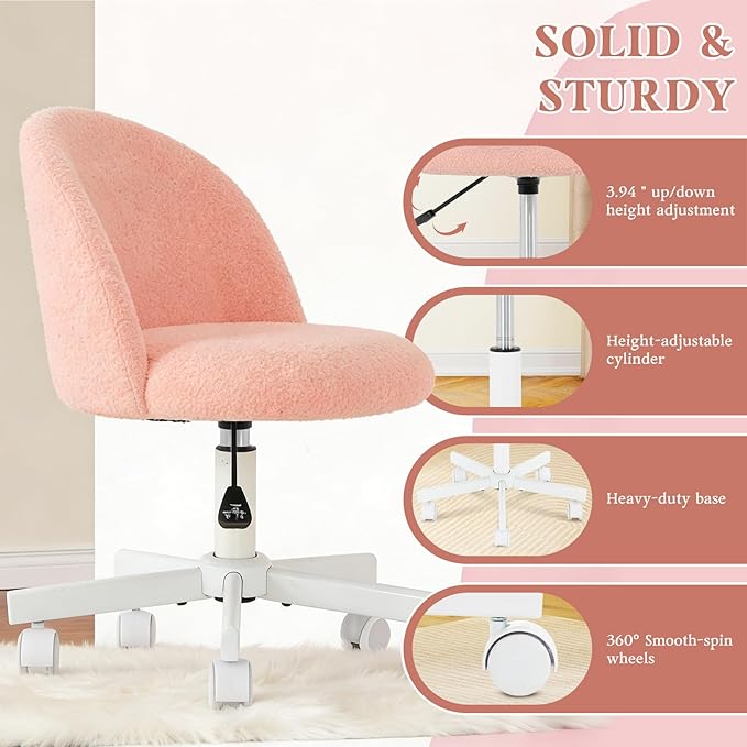 WAYTRIM Pink Vanity Chair with Wheels - Swivel Makeup Chair Small Computer Chair with Back Adjustable Height Desk Chair for Girl & Woman, Cozy Fuzzy Velvet Chair for Bedroom & Home Office