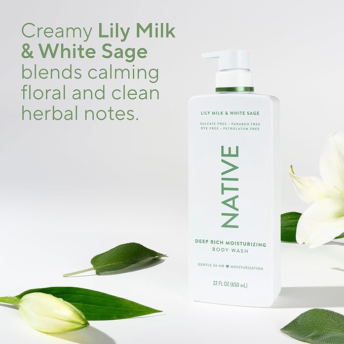 Native Moisturizing Body Wash, Lily Milk & White Sage, 24-Hour Hydration for Dry & Sensitive Skin, Made with Real Shea Butter, Sulfate & Paraben Free, 22 oz