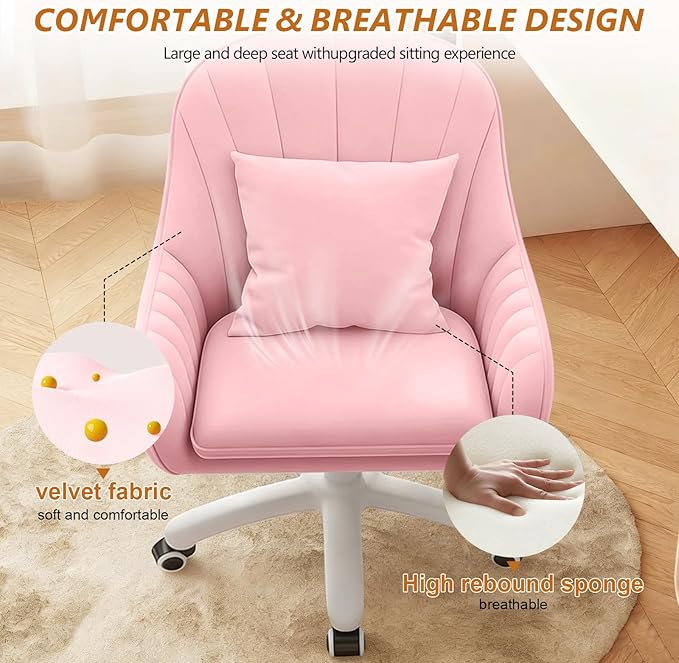 Cute Home Office Chair Velvet Upholstered Desk Chairs with Mid Back Swivel Adjustable Makeup Vanity Computer Chair with Wheels,Pink