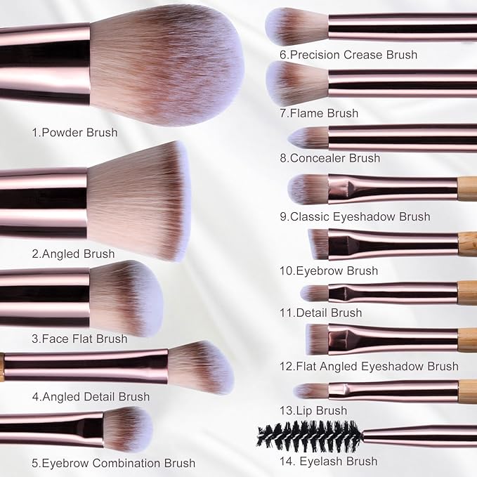 BS-MALL 14 Pcs Makeup Brushes Set with 1 Pcs Makeup Sponge – Essential Foundation Powder Concealers, Eye Shadows, Blush Makeup Brushes with Travel Makeup Case (Bamboo)